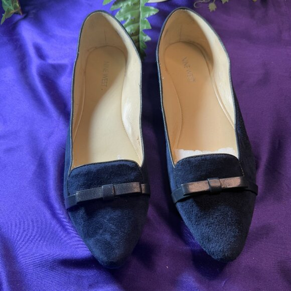 📌Nine West Navy Blue Leather Slip-on Flat Suede Comfy Loafers with Boa 10M - Picture 1 of 12